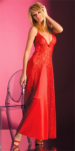 Red satin and lace gown