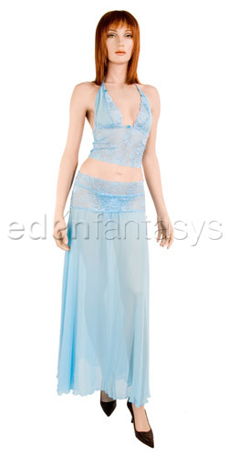 Blue mist bralette with long skirt and g-string