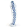 Glass dildo with a smooth tipped head, sensuously curved erect shaft and unique artistic glass work