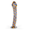 Non-porous smooth glass dildo with a curved shaft and multi-colored lat work inside